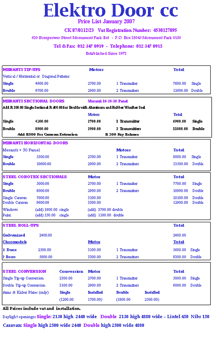Elektro Door garage door price list